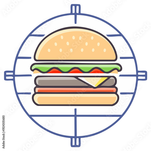 Cheeseburger in a target scope, a concept for dieting, avoiding junk food, and food cravings.