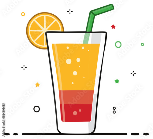 Colorful Layered Tropical Drink with Orange Slice and Green Straw Vector Illustration