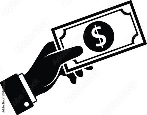 Hand holding dollar banknote illustration, cash payment finance concept, money transaction symbol, black and white vector design isolated