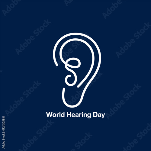 A minimalist white line drawing of a human ear against a dark blue background with text