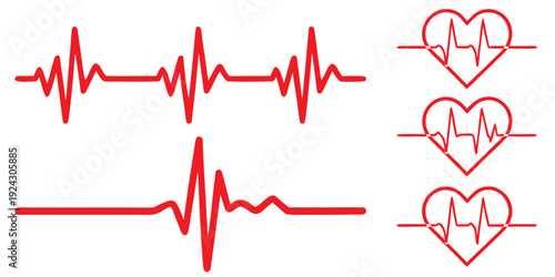 Red electrocardiogram heartbeat line graph and heart shapes on a white background desi