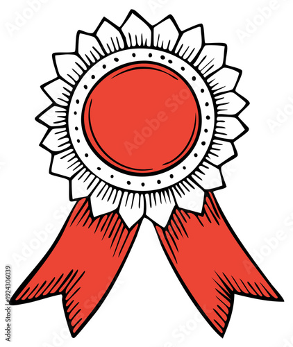 Hand-drawn rosette with red ribbon, award or badge illustration.