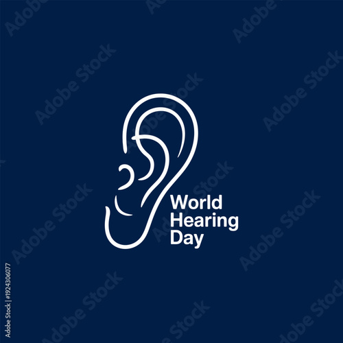 A simple white line drawing of a human ear accompanies the text world hearing day on a deep blue background