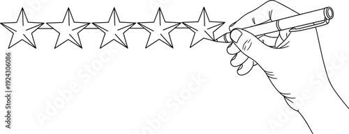 WFive star rating illustration, customer review feedback concept, hand drawing stars evaluation score, black and white vector design
