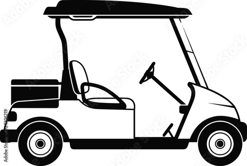Golf cart silhouette illustration, electric utility vehicle icon, leisure transportation concept, black and white vector design isolated background