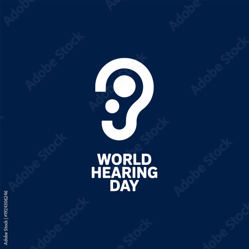 A white ear icon with text commemorating world hearing day on a dark blue background