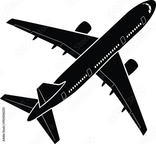 Airplane silhouette illustration, commercial passenger aircraft flying icon, aviation travel transportation concept, black and white vector design isolated