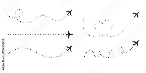Set of black airplane with dotted flight paths on white background dotted line travel journey