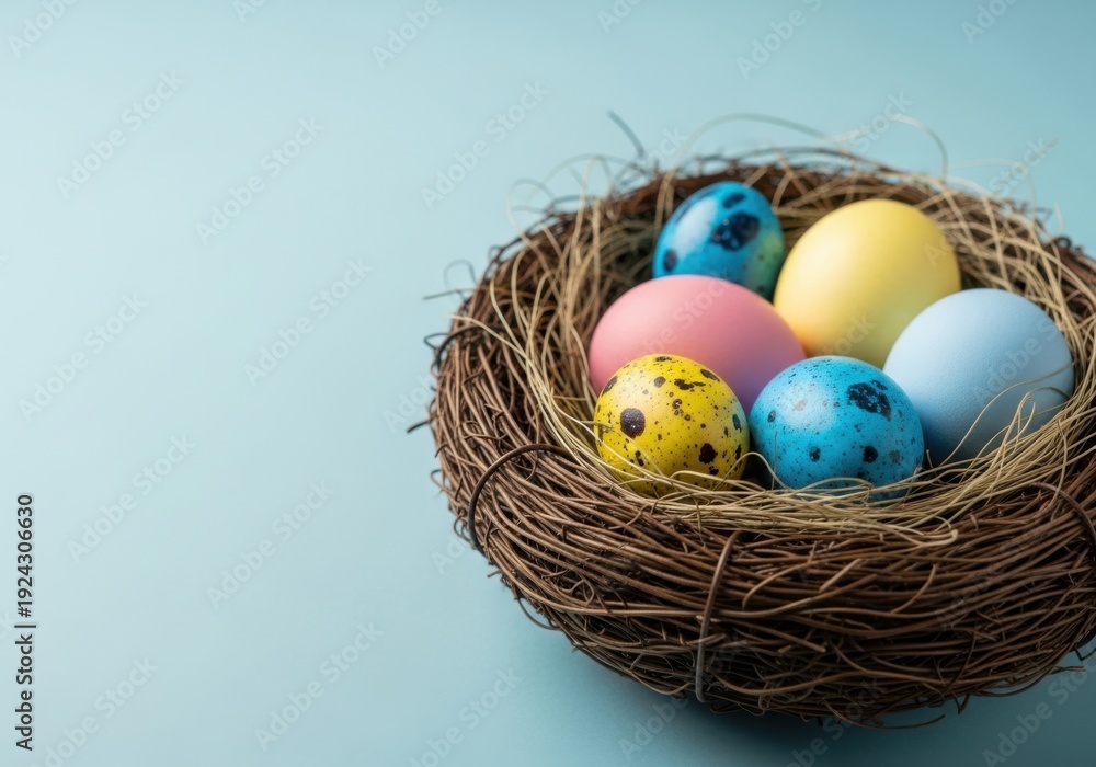 Fototapeta premium Happy easter text surrounded by colorful eggs and flowers