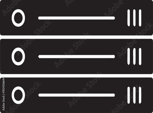 Minimalist black server rack icon representing data center cloud storage network infrastructure and digital technology design