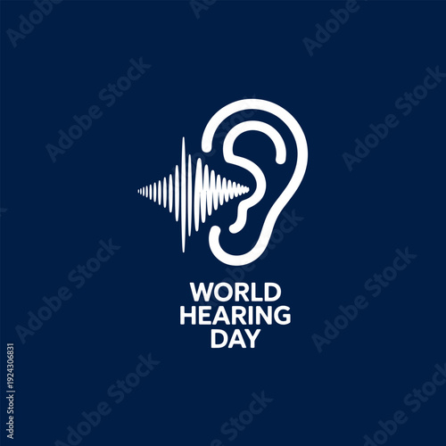 A white ear graphic with sound waves promotes world hearing day on a dark blue background