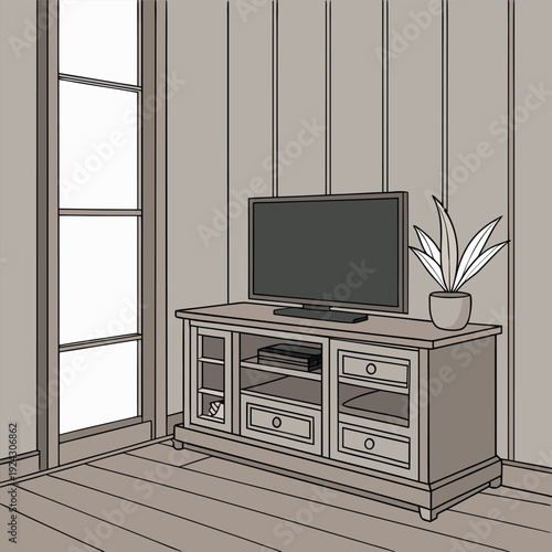 A cozy modern living room with a wooden TV stand and bookshelf, flat-screen TV, small potted plant, framed picture, large window with grid panels, wooden floor, and neutral beige walls, minimalist sty