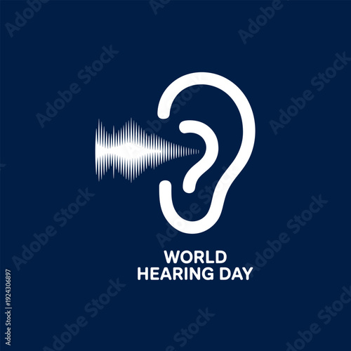 A stylized white ear graphic with sound waves emitting towards the word world hearing day