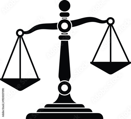 Scales of justice icon illustration, legal balance symbol, law and order concept, black and white vector design isolated background