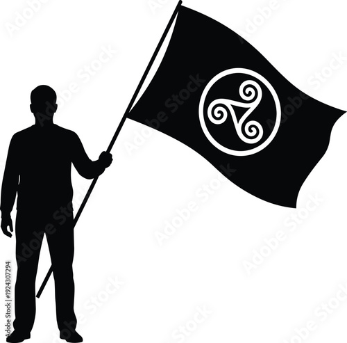 Man holding triskelion flag silhouette illustration, Celtic symbol banner, cultural heritage emblem, black and white vector design isolated background