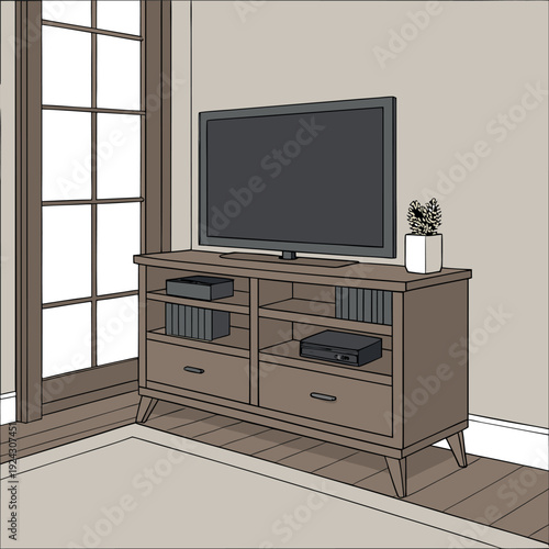A cozy modern living room with a wooden TV stand and bookshelf, flat-screen TV, small potted plant, framed picture, large window with grid panels, wooden floor, and neutral beige walls, minimalist sty