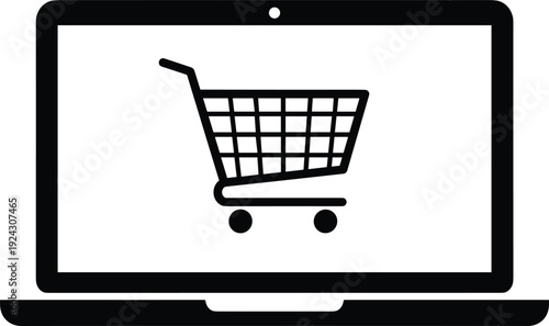 Online shopping concept illustration, laptop with shopping cart icon, ecommerce digital marketplace, internet retail business, black and white vector design