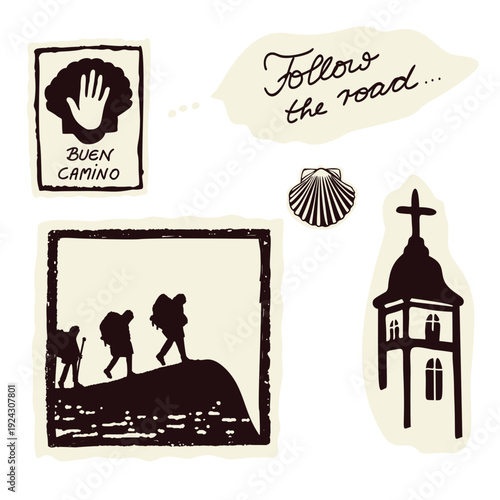 Follow the road hand drawn set of pilgrimage icon pictures. Black and white church sanctuary, scallop shell,buen camino passport stamp religious sanctuary travel collection.
