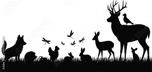 Silhouette of Woodland Animals and Insects on Grassy Field and White Background Keywords: silhouette, animals, wildlife, nature