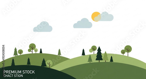 Serene landscape with rolling green hills trees and a sunny sky with clouds