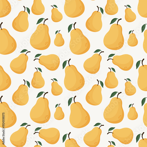 Pear pattern. Seamless print of yellow pears with leaves, organic sweet natural food