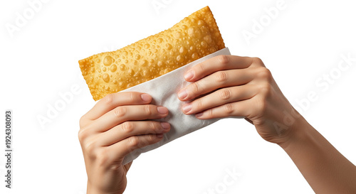 Close-up of hands holding a freshly fried pastel, a popular Brazilian street food pastry, isolated on a white background