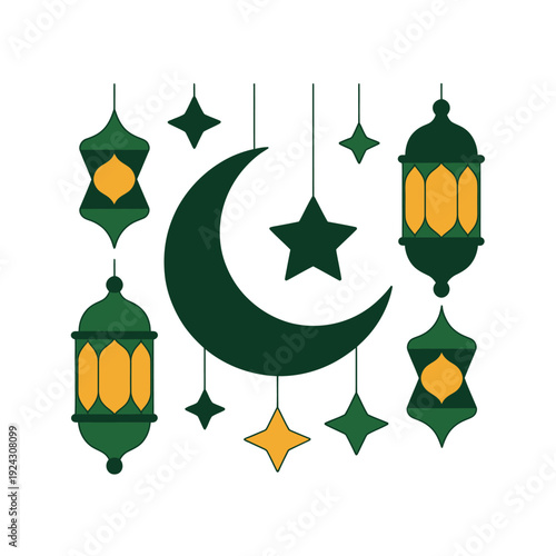 Islamic crescent moon and lanterns are hanging with stars for a festive decoration.
