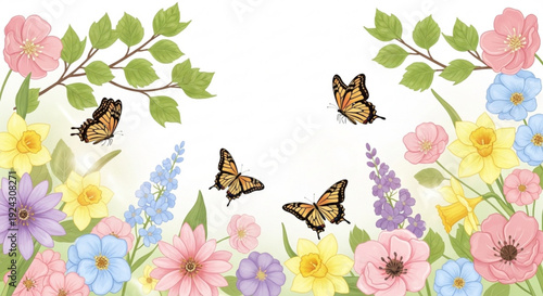 Butterflies flying around colorful spring flowers with green leaves on white background