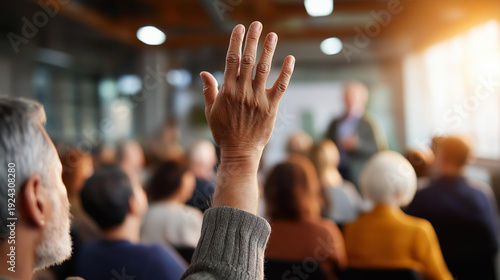 Faceless diverse community members gathering at neighborhood meeting in local center civic engagement public participation community organizing indoor meeting space natural