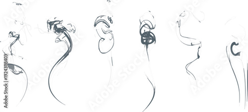 Swirling Smoke Wisps and Trails in Dark Gray and White on White Background Keywords: smoke, wisps, trails, swirling, abstract