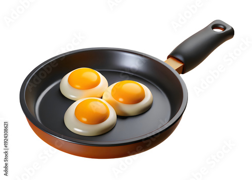 A frying pan with three sunny-side up eggs