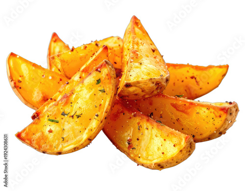 Golden brown potato wedges seasoned with herbs and spices