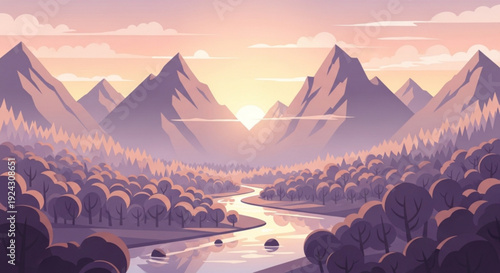 Serene mountain landscape with river trees and sunset peaceful nature scenery with majestic peaks