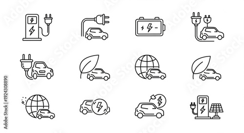 Electric vehicle charging icons set with eco friendly car battery globe