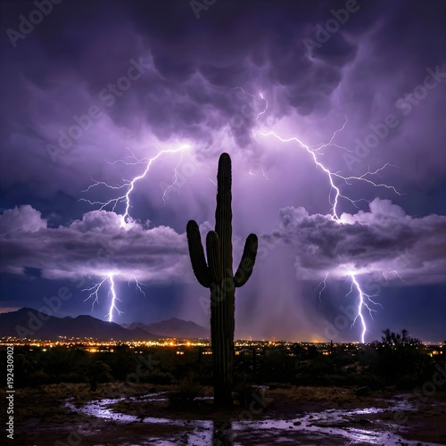 Single saguaro cactus silhouette centered against a dramatic purple lightning storm with distant city lights