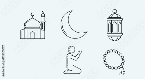 Ramadan icons set with mosque crescent moon lantern praying man and rosary on white background