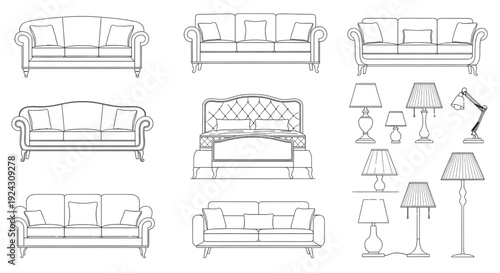 Home Furniture Line Art Vector Set – Classic and Modern Sofas, Bed and Table Lamp Technical Illustrations
