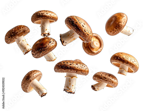 Scattered brown mushrooms with light stems on a dark background