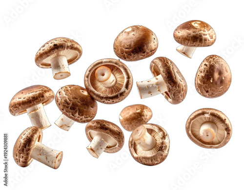 A scattered collection of assorted brown mushrooms on a black background