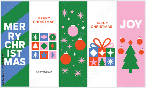 Vibrant, modern Christmas banners featuring geometric patterns, holiday decorations, and festive messages, brightly colored, for a joyful season.