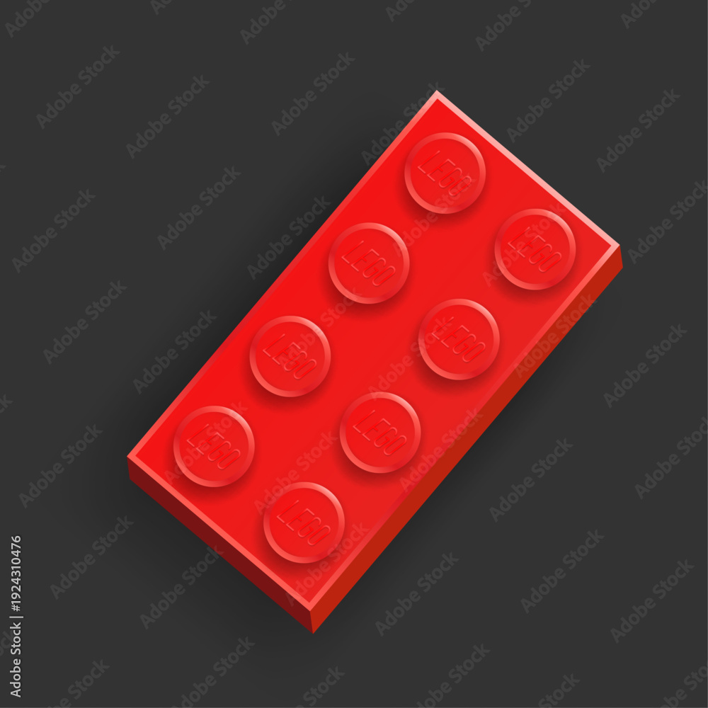 Fototapeta premium Realistic red Lego plastik constructor part 4x2 isolated on dark grey background. Vector illustration