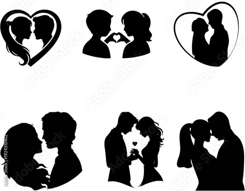 A collection of six black silhouette illustrations depicting various romantic couples in loving and intimate poses, symbolizing affection and relationships.