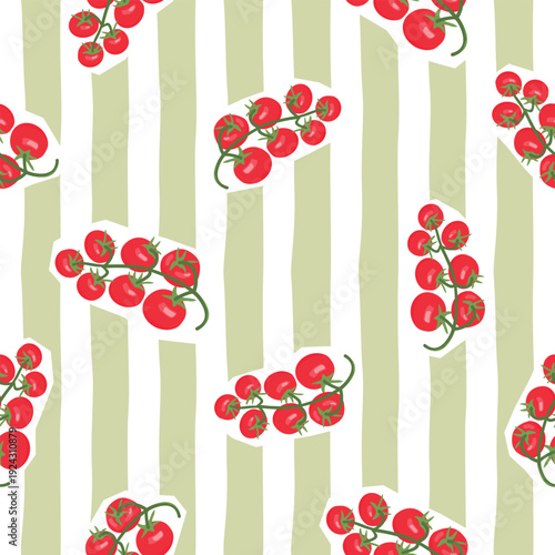 Tomato branches seamless pattern. Juicy ripe fruits on background with vertical hand-drawn stripes. Red, green colors on white. Vector print on fabric and paper. Design for textile, endless wallpaper.