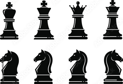 Chess icon set featuring king queen bishop knight and more black pieces