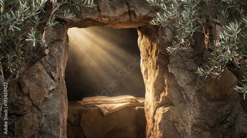 The empty tomb with burial cloths in a cave illuminated by radiant light, symbolizing the resurrection of Jesus Christ on Easter
