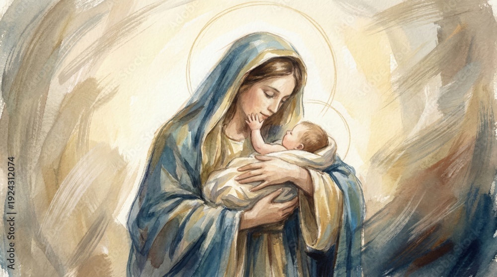 Naklejka premium Woman Mary cuddling baby Jesus. Watercolor painting of the Madonna and Child. Devotion and Christian faith for Christmas and Easter.