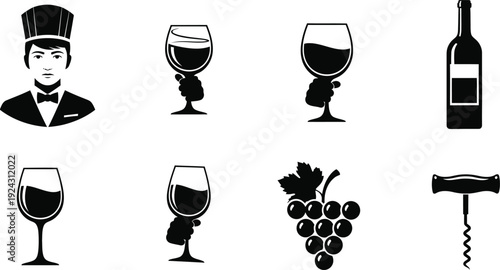 Wine icon set for designers and foodies featuring wine glasses bottle grapes and sommelier