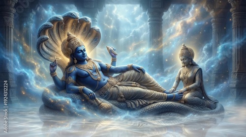 Hindu god Vishnu reclines with Brahma and goddess Lakshmi. Spiritual devotion, meditation, and religious beliefs for worship.