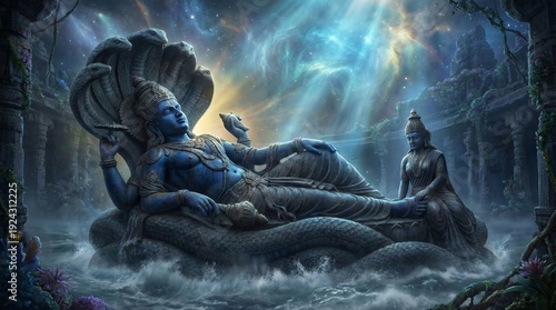 Hindu deity Vishnu resting on Ananta Shesha in cosmic ocean, with goddess Lakshmi. Ancient Hinduism, spirituality for religious art.