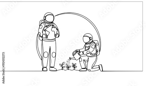 Minimal One Line Astronauts Protecting Earth Soil and Watering Plants Sustainability Vector
